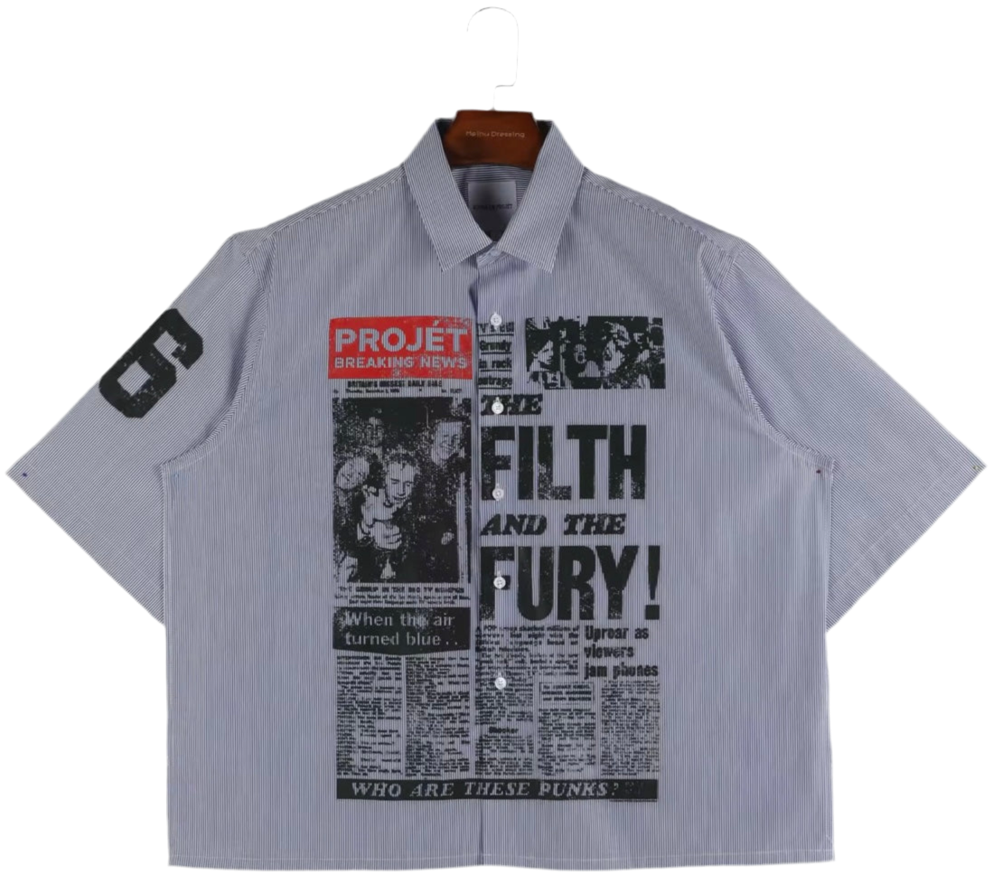 “FILTH & FURY” STRIPED SHORTSLEEVE BUTTON UP