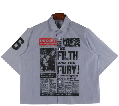 “FILTH & FURY” STRIPED SHORTSLEEVE BUTTON UP