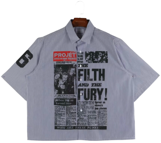 “FILTH & FURY” STRIPED SHORTSLEEVE BUTTON UP
