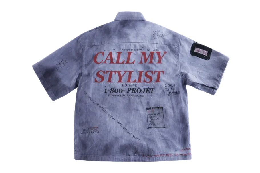 “CALL MY STYLIST” PINSTRIPED BUTTON UP